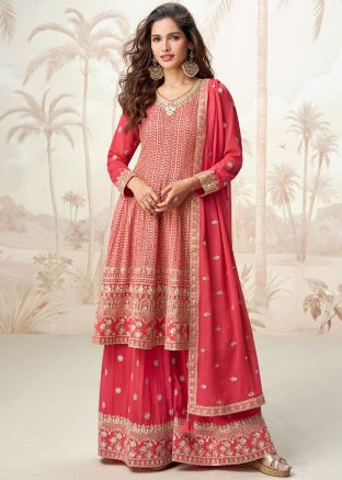 Coral Red Embroidered Sharara Suit Set