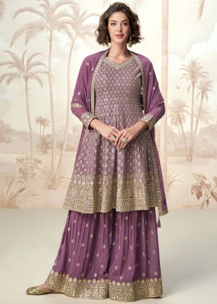 Purple Embroidered Sharara Suit Set In Georgette