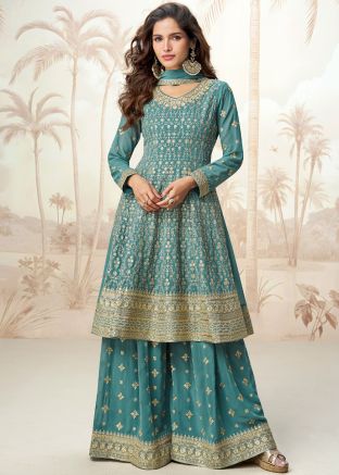 Blue Embroidered Georgette Sharara Suit Set