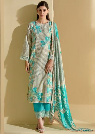 Blue Digital Print Pant Suit In Cotton