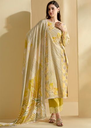 Yellow Cotton Pant Suit In Digital Print