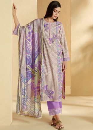 Purple Cotton Pant Suit In Digital Print