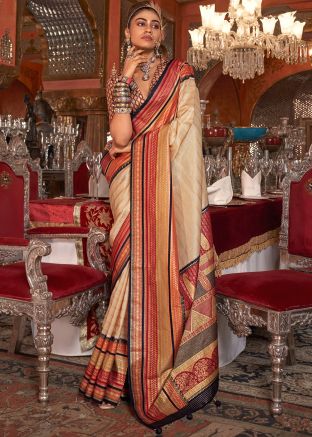 Beige Woven Work Saree In Woven Work