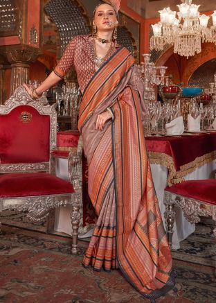 Brown Woven Work Saree In Art Silk