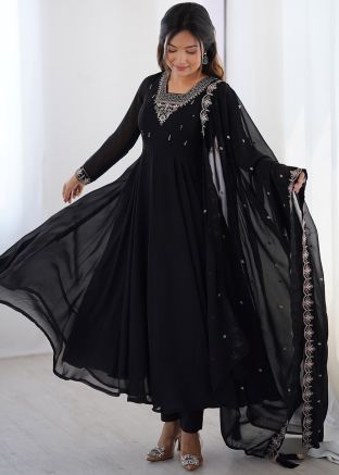 Readymade Black Embroidered Georgette Anarkali Suit
