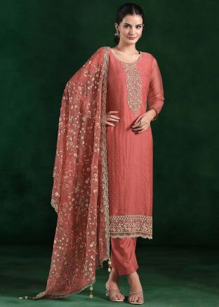 Peach Embroidered Chiffon Pant Suit Set