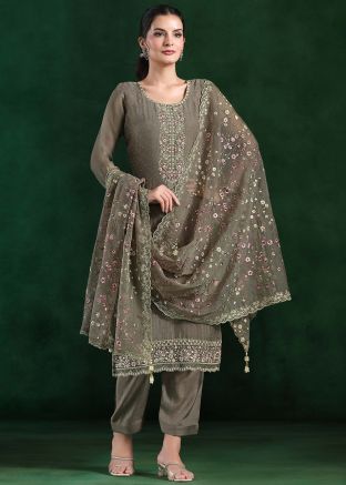 Grey Embroidered Chiffon Pant Suit Set
