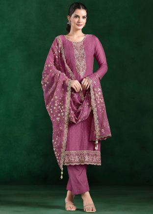 Pink Thread Work Chiffon Pant Suit Set