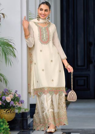 Cream Embroidered Salwar Suit Set In Chiffon