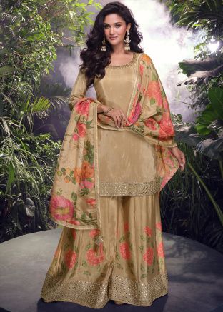 Golden Floral Print Sharara Suit Set
