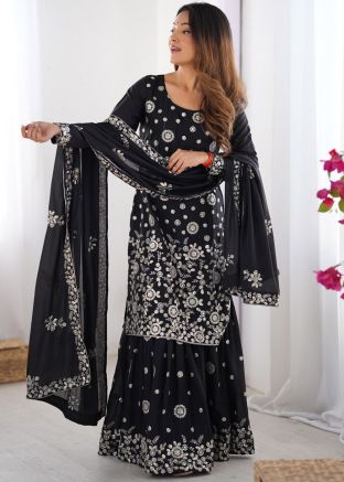 Black Embroidered Round Neck Palazzo Suit