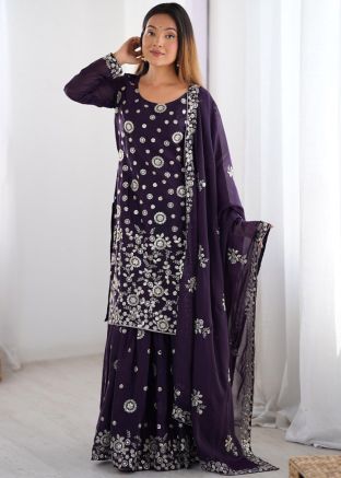 Navy Blue Embroidered Readymade Palazzo Suit