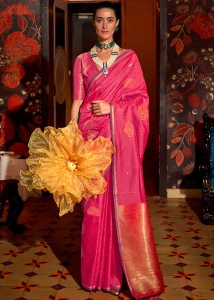 Pink Silk Saree In Zari Woven Work