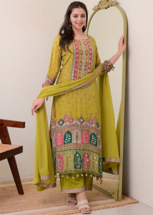 Yellow Printed Round Neck Palazzo Suit Set
