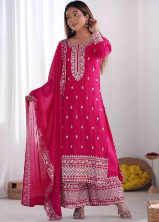 Pink Round Neck Embroidered Palazzo Suit