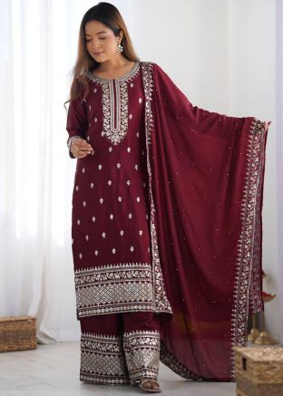 Wine Embroidered Readymade Palazzo Suit