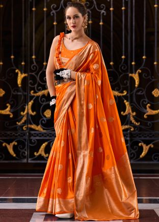 Orange Zari Woven Work Satin Silk Saree