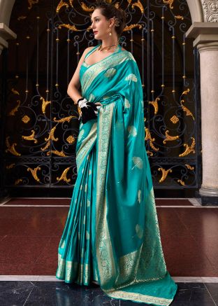 Turquoise Satin Silk Saree In Zari Work
