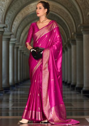 Magenta Zari Satin Silk Saree With Blouse