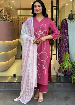 Pink Quarter Sleeves Embroidered Pant Suit