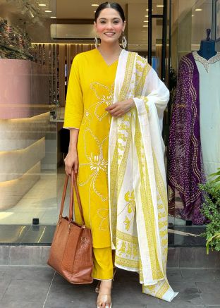 Yellow Quarter Sleeves Embroidered Pant Suit