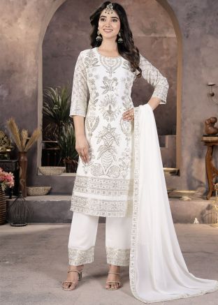 White Embroidered Suit Set In Georgette