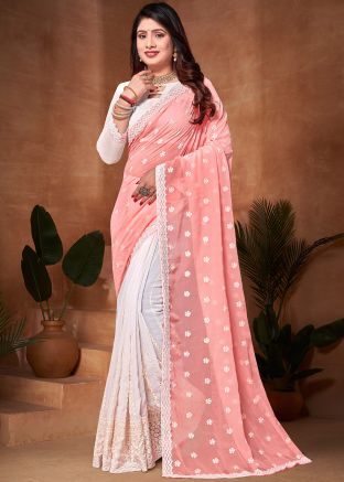 Pink And White Half N Half Saree With Blouse