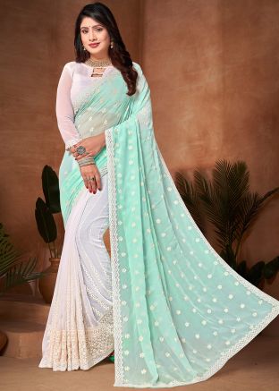 Green And White Half N Half Georgette Saree