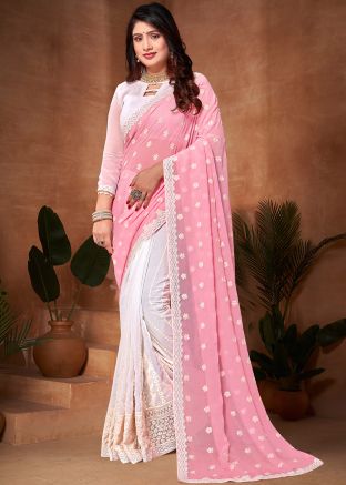 Pink And White Half N Half Saree In Georgette