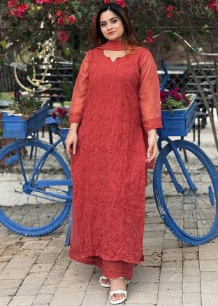 Readymade Red Embroidered Pant Suit Set