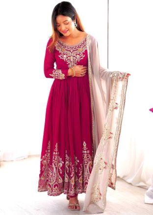 Readymade Pink Embroidered Anarkali Suit Set