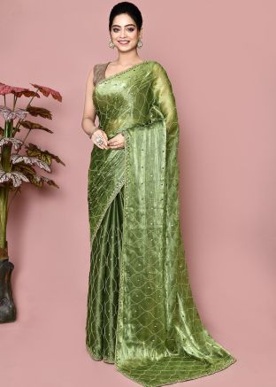 Green Handwork Saree In Organza