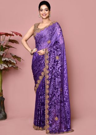 Purple Handwork Saree In Chiffon