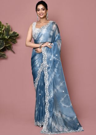 Blue Handwork Saree In Tissue
