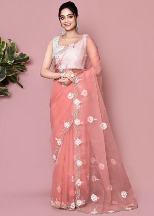Peach Handwork Tissue Saree