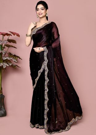 Purple Stone Work Saree In Organza