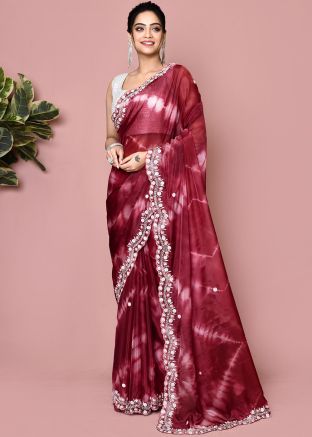 Red Tie -Dye Print Saree In Tissue