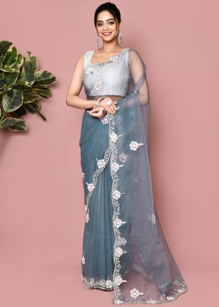 Grey Handwork Organza Saree With Blouse
