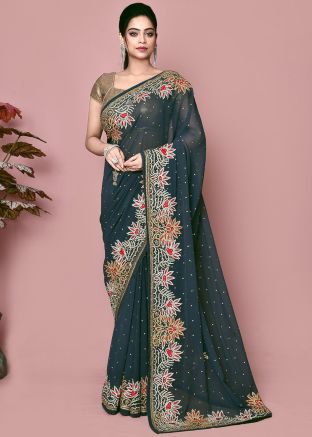 Grey Handwork Georgette Saree