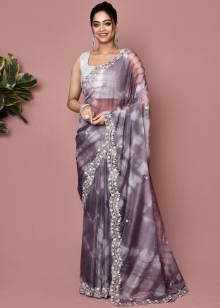 Purple Tie-Dye Print Saree In Tissue