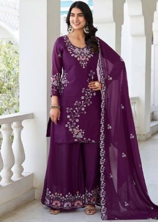 Purple Embroidered Salwar Suit Set In Georgette