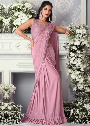 Pink Embroidered Ruffle Saree In Satin