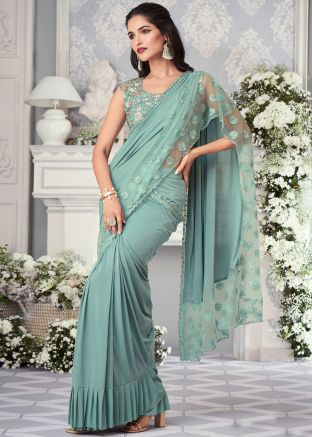 Green Embroidered Ruffle Saree In Lycra