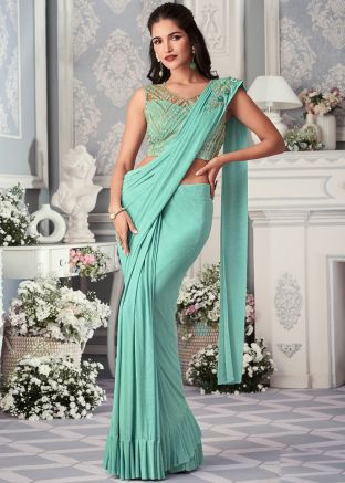 Seafoam Green Lycra Saree With Blouse