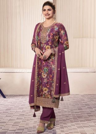 Prachi Desai Purple Floral Print Pant Suit