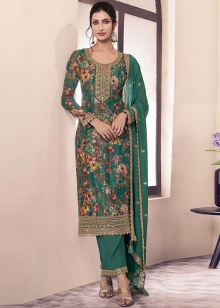 Green Floral Print Pant Suit In Chiffon