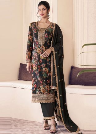 Black Chiffon Floral Print Pant Suit