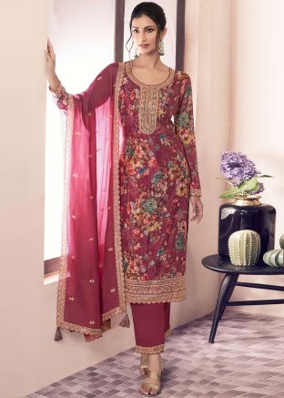 Red Floral Print Pant Suit In Chiffon