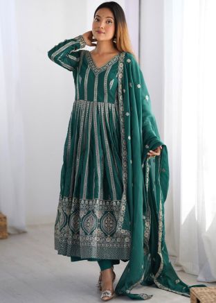Green Mirror Work Anarkali Suit Set
