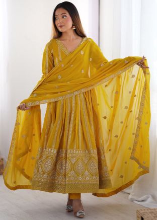 Yellow Embroidered Anarkali Suit Set